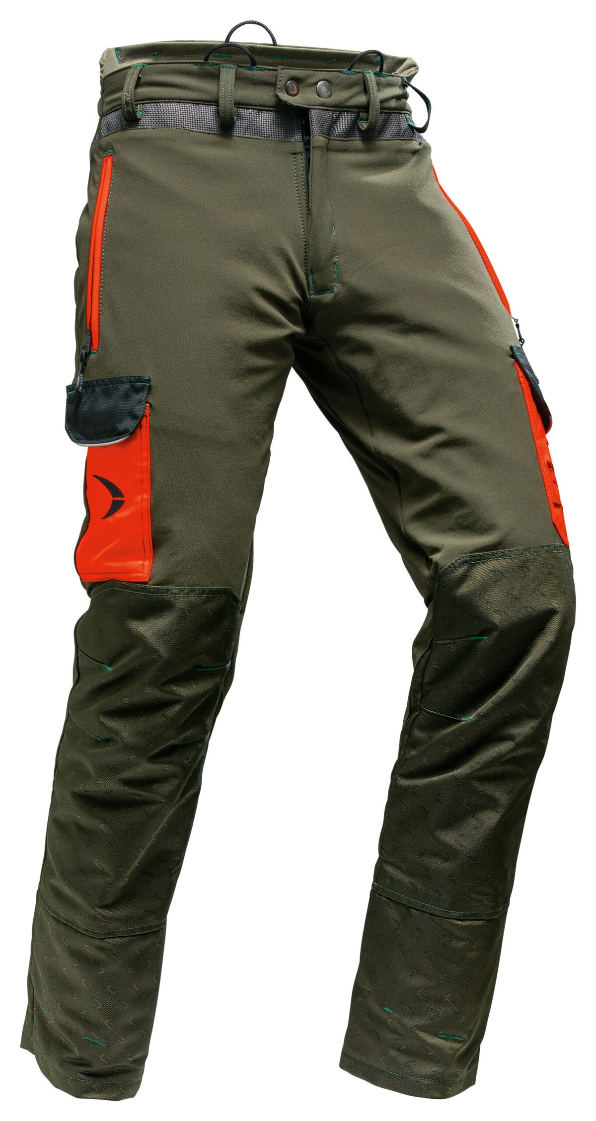 Arborist Schnittschutzhose Typ A – Waldgrün/Leuchtrot slim