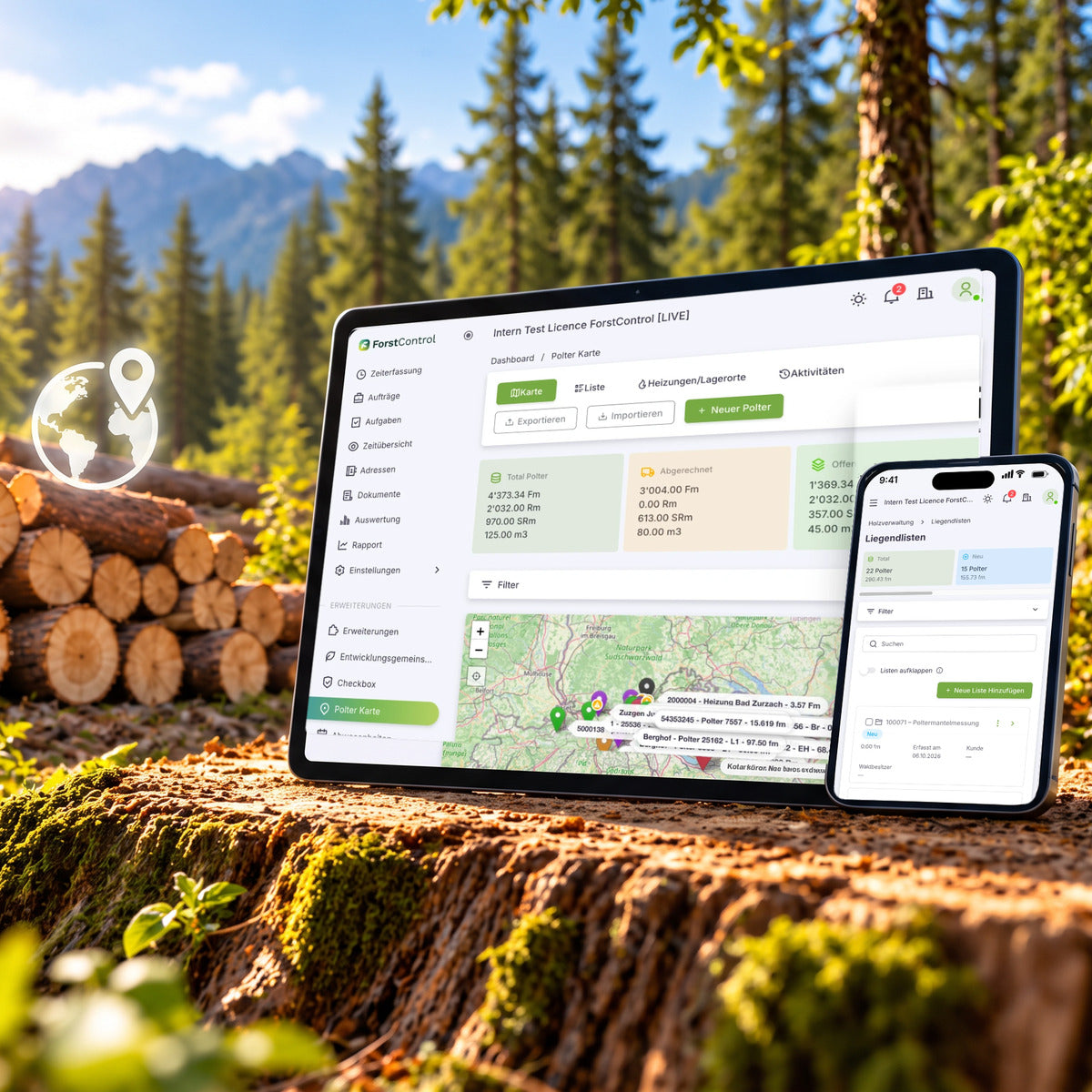 ForstControl Holz-Herkunft: Polter-Karte am Tablet und Liegendliste auf dem Smartphone im Wald