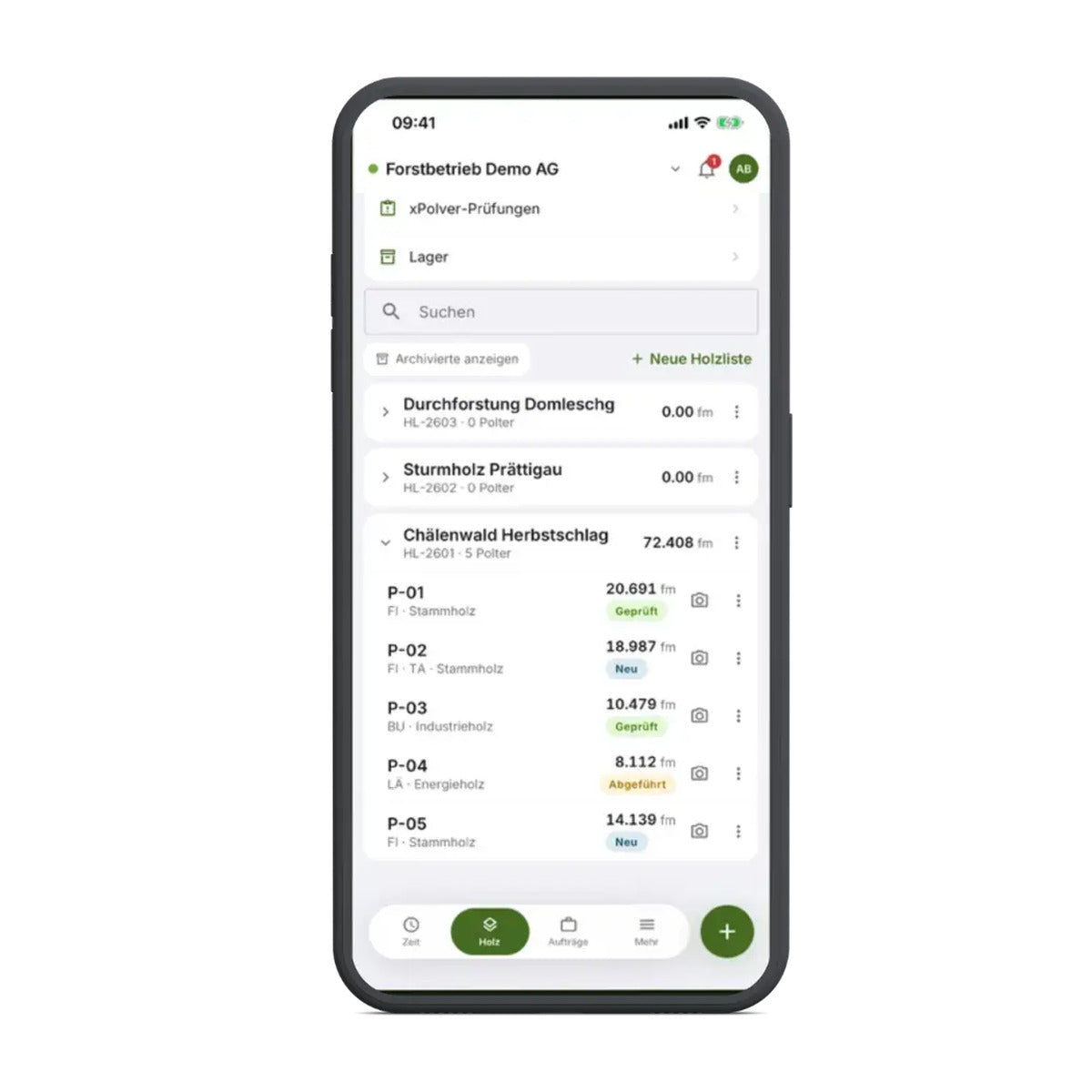 ForstControl Holzerfassung: Liegendliste auf dem Smartphone