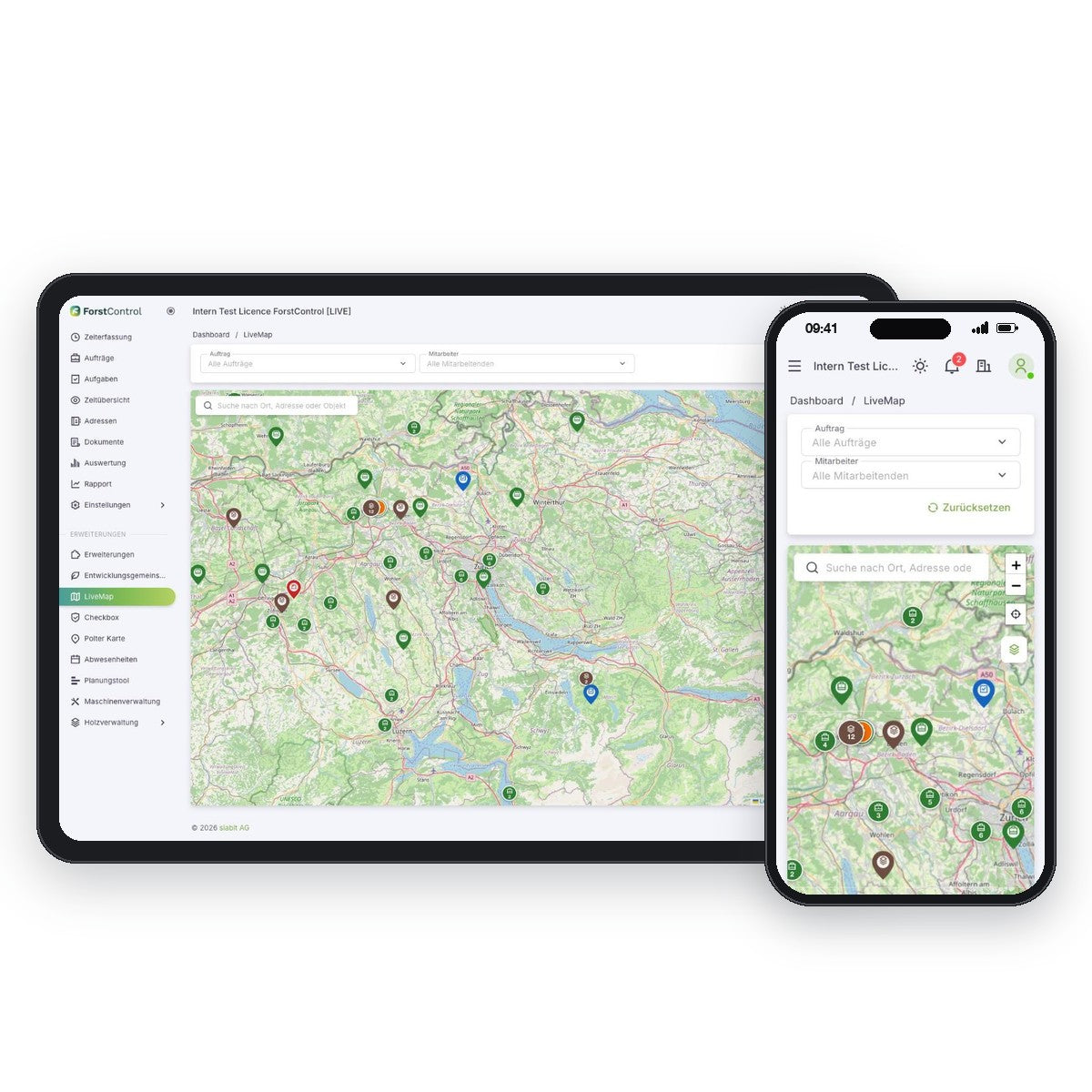ForstControl LiveMap: Aufträge, Aufgaben, Polter und QR-Codes auf der Karte am Tablet und auf dem Smartphone