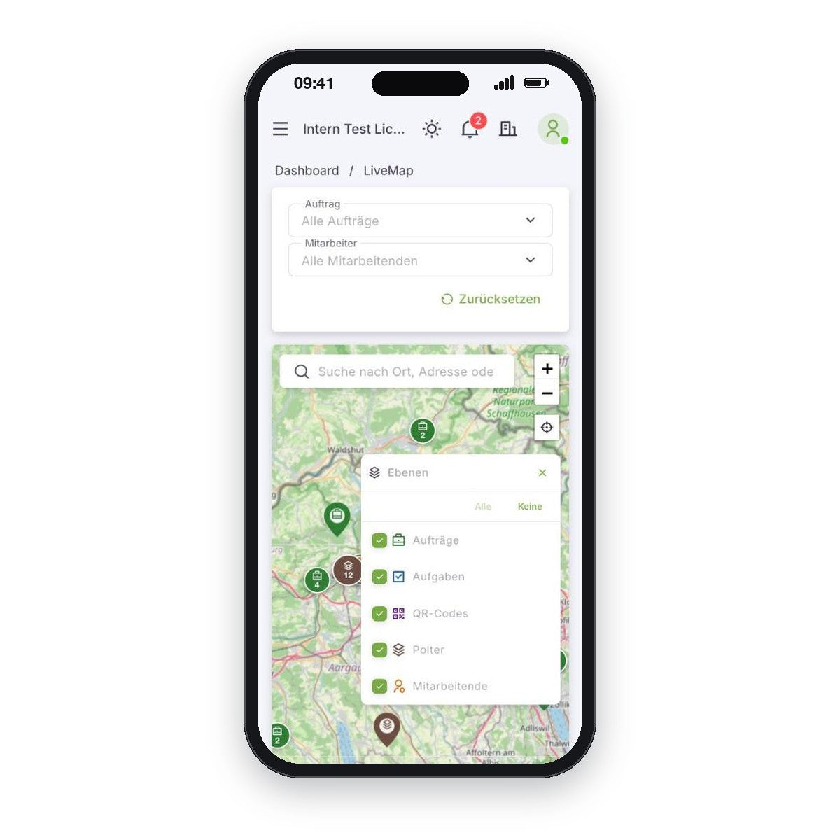 ForstControl LiveMap: Ebenen Aufträge, Aufgaben, QR-Codes, Polter und Mitarbeitende einzeln ein- und ausblenden