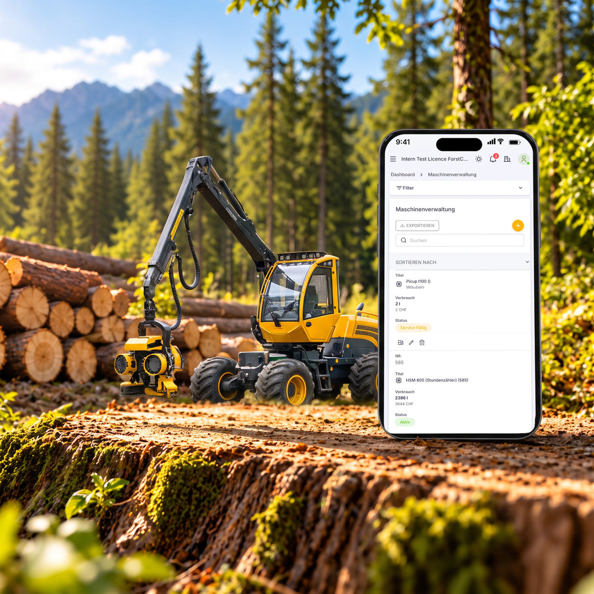 ForstControl Maschinenverwaltung: Maschinenliste in der App auf dem Smartphone vor einer Forstmaschine im Wald