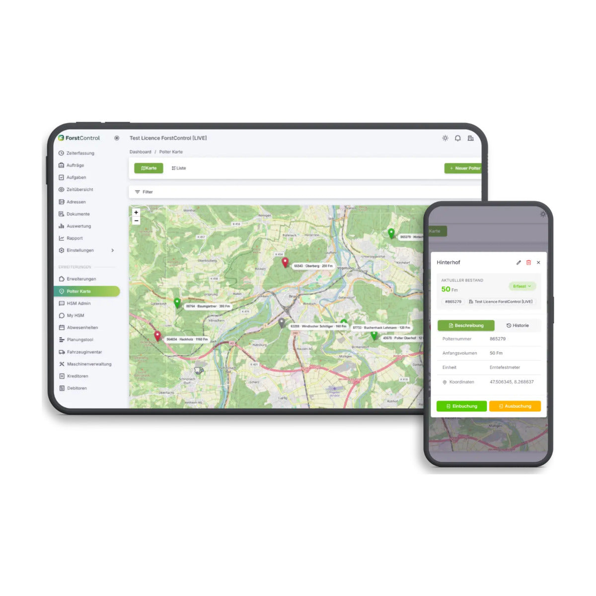 ForstControl PolterMap: Polter auf der Karte am Computer und auf dem Smartphone